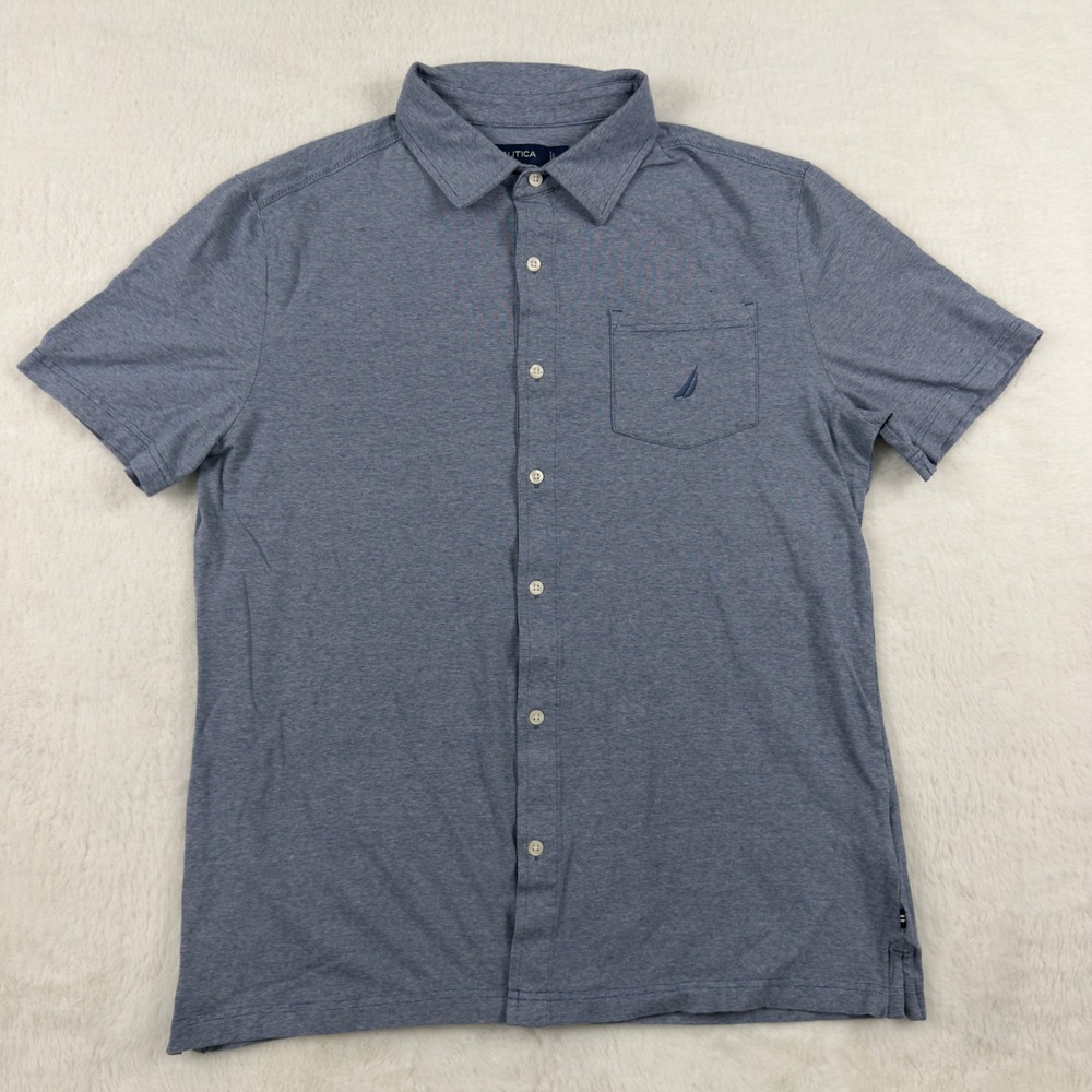 Nautica Mens Blue Micro Stripe Short Sleeve Button Down Shirt Large Stretch